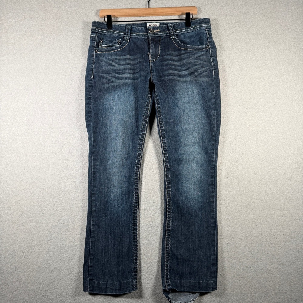 Mudd Womens Dark Wash Bootcut Jeans Size 11 Blue Mid Rise Distressed Hem 15281